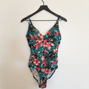 Floral Tummy Control One Piece Swimsuit - Green and Pink